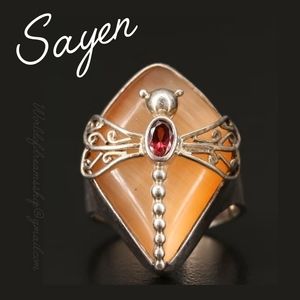 Sajen Dragonfly Cocktail Ring Garnet 925 Sterling Silver Sz 8 adjustable
